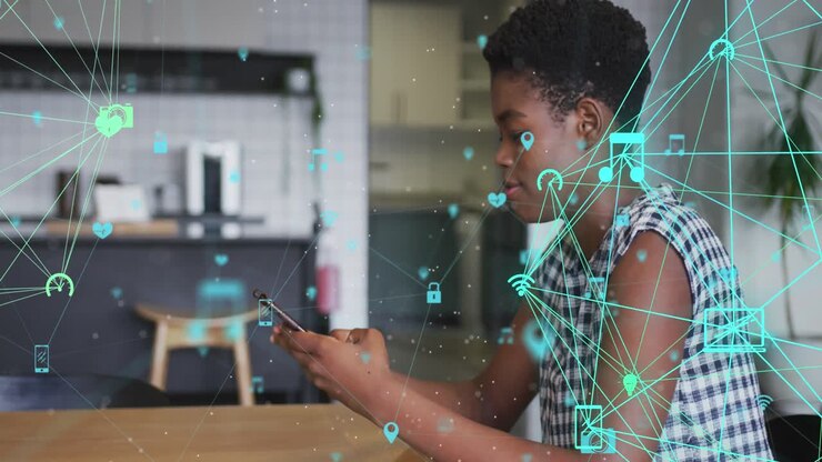 Animation of network of connections with icons over african american woman using smartphone