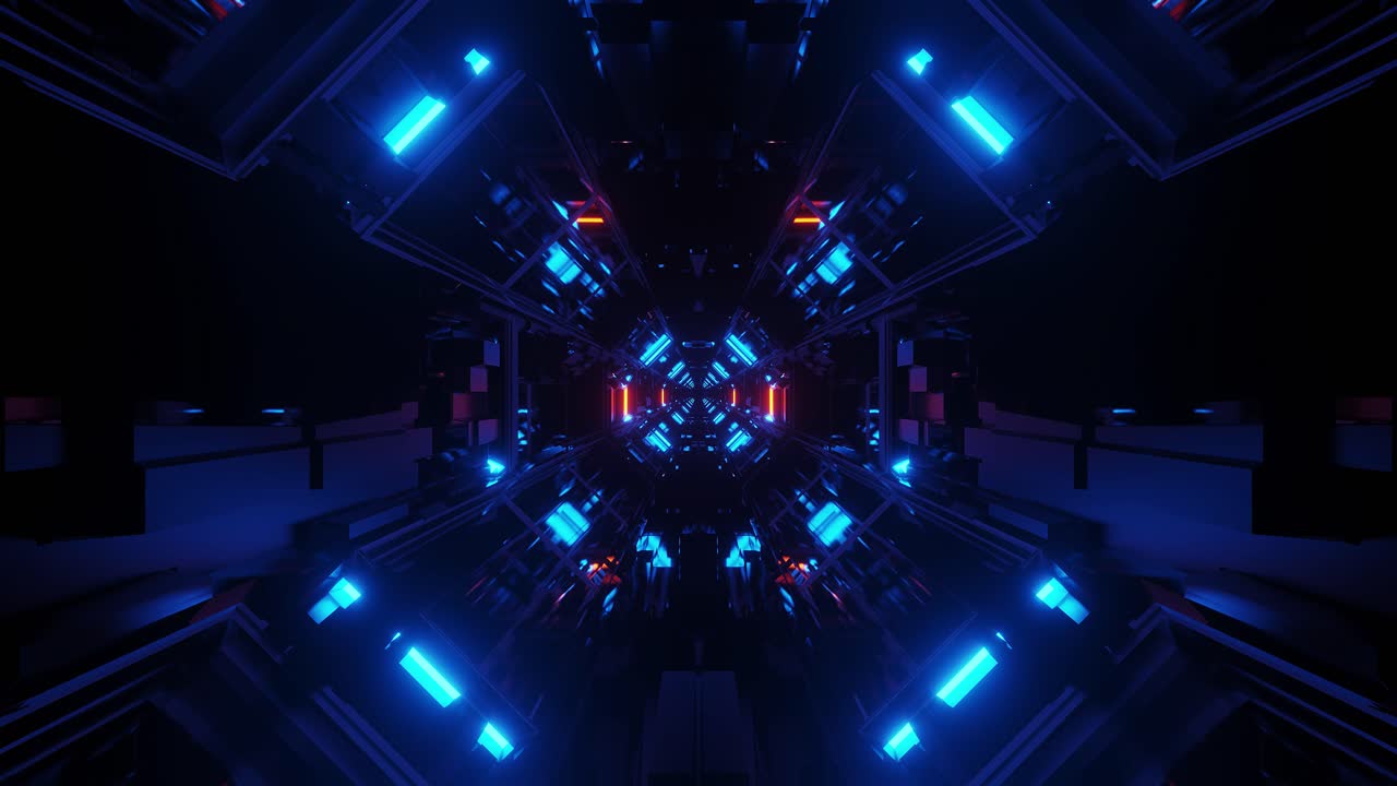 Motion graphics sci fi tunnel: blue, orange octagon patterns moving forward