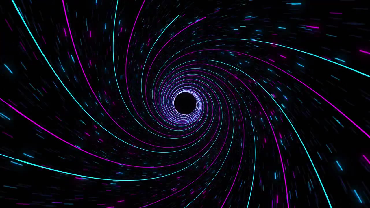 Neon spiral vortex background cyan and magenta curved lines fast particles black tunnel depth