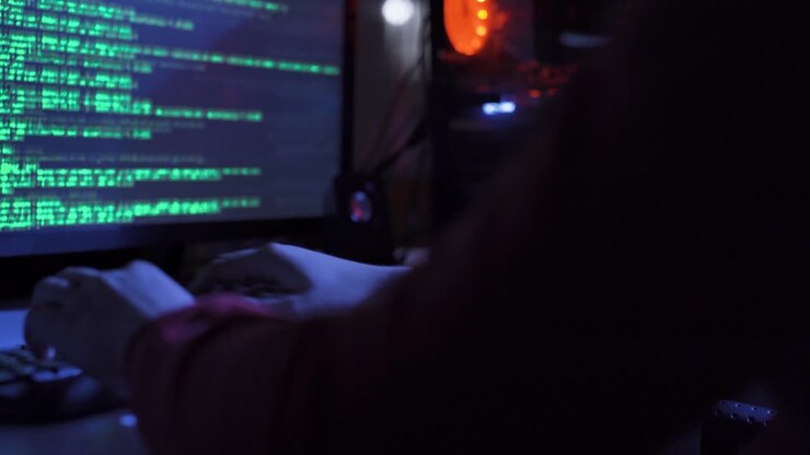 Programmatore hacker solitario circondato da un'interfaccia di codici di programmazione in un ambiente buio del cyberspazio