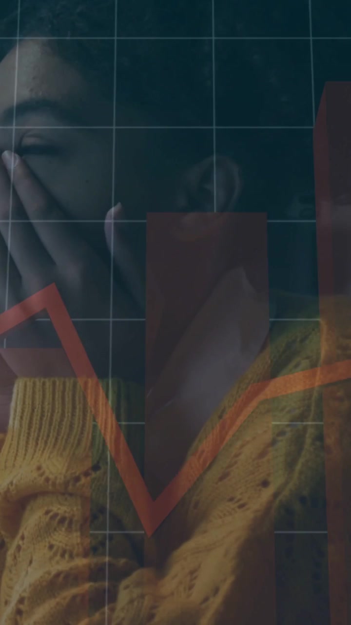 Vertical video: Woman lifting head covering face during review, sparking finance bars, orange trend