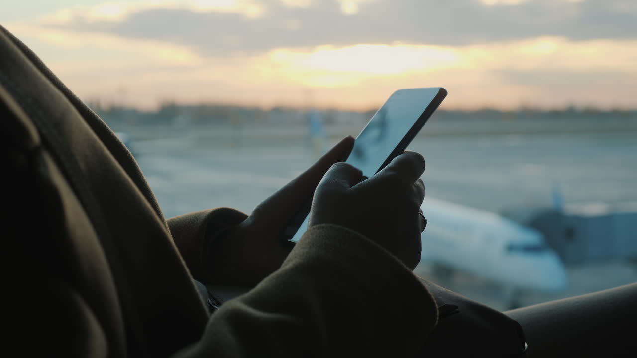 Passagierhände mit einem Smartphone. Im Hintergrund: ein Fenster und Flugzeuge