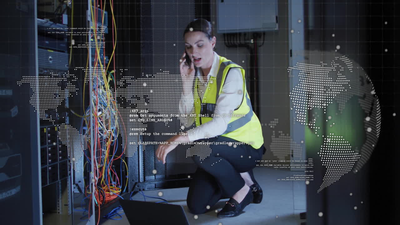 In school, animation of technician in vest working on server cables