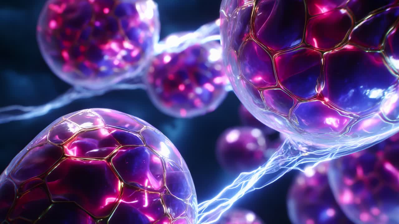 An Intriguing Close-Up View of Electrically Charged Cells Making Up a Vibrant Energetic Field, Glowing with Brilliant Purple and Blue Hues, Illuminated by Cracking Lightning Effects in a Dynamic Microscopic Realm