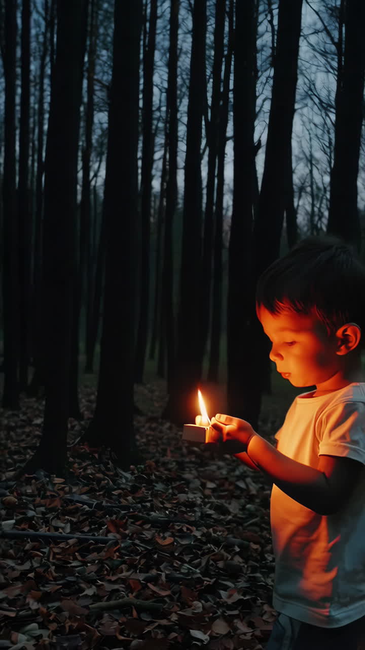 Young Boy with a Candle in a Mysterious Forest