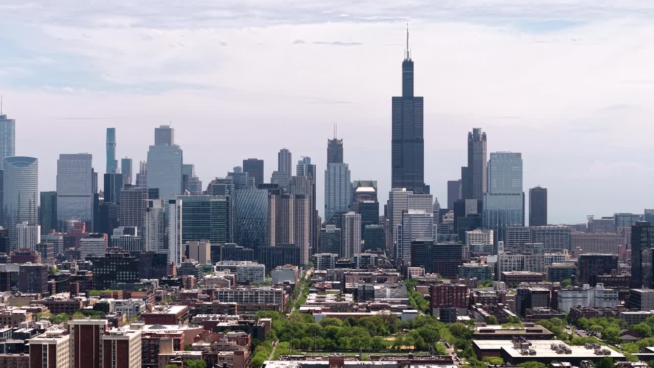 Downtown Chicago Skyline, Drone Shot of Central Skyscrapers From South, Illinois USA