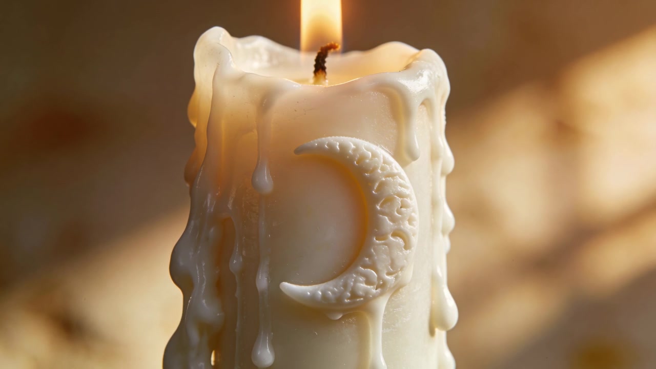Candela a pilastro color avorio che si scioglie, alimentata da uno stoppino acceso, rilasciando cera fusa su un tavolo illuminato, luna crescente.