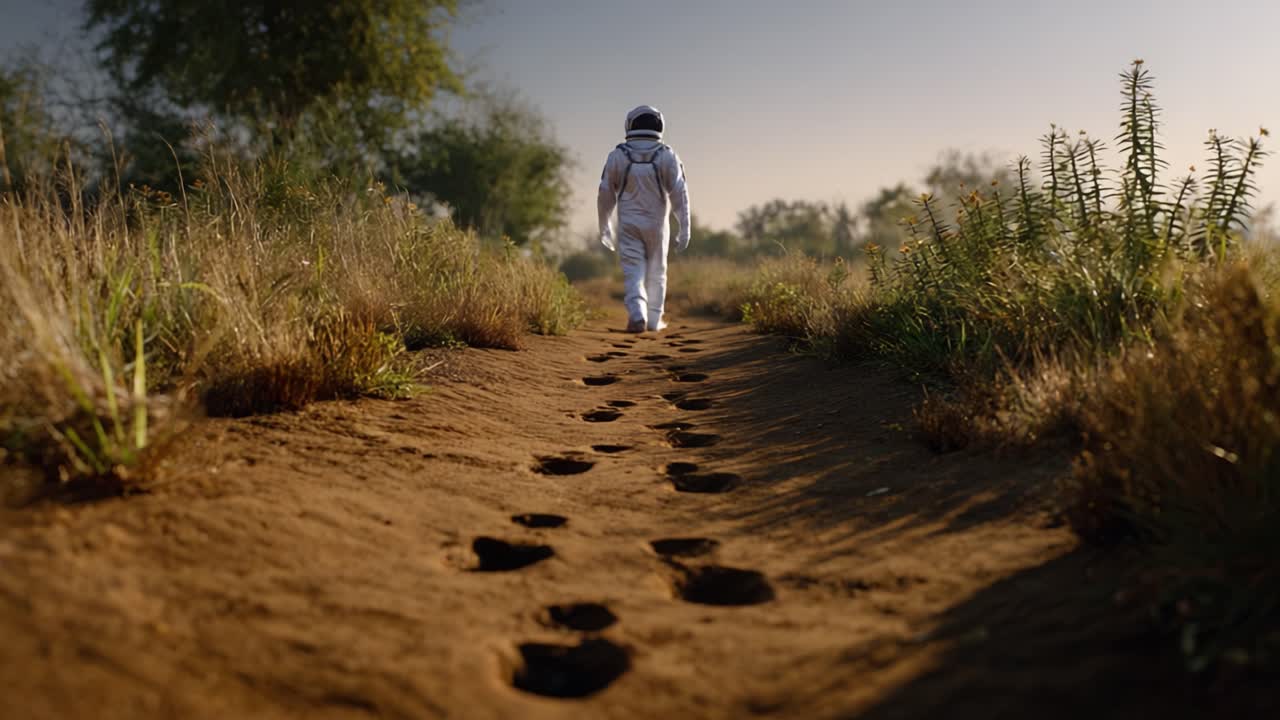 Un astronauta vaga per un campo sereno, lasciando impronte distinte nella terra soffice, simboleggiando esplorazione, solitudine e connessione con la natura.