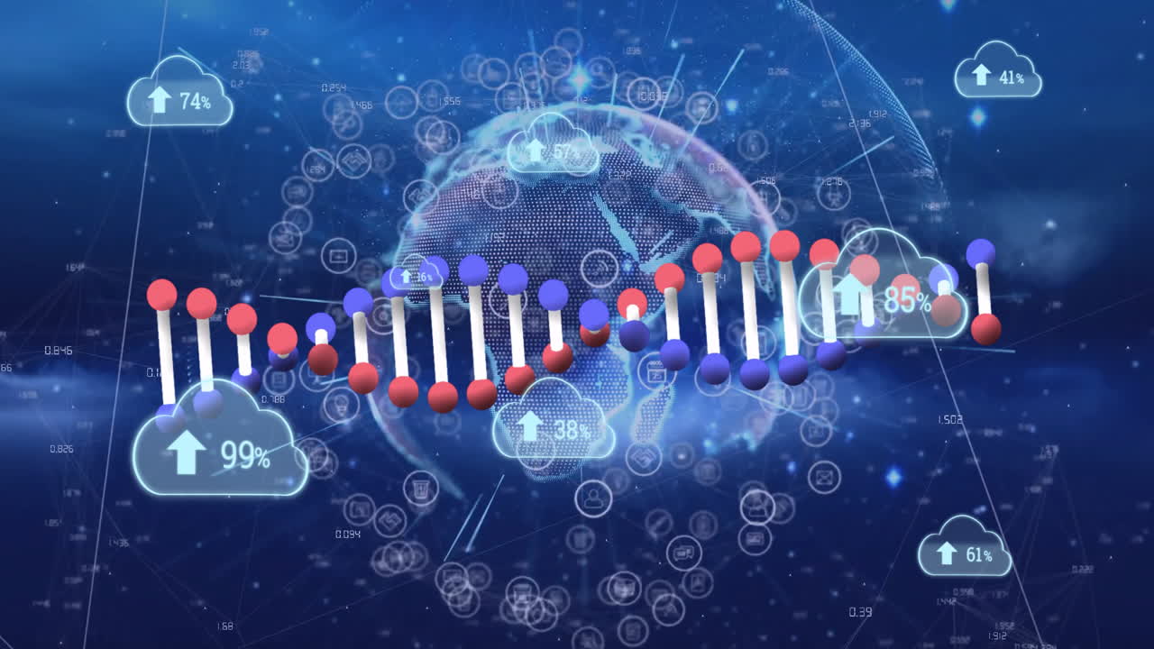 Animation of DNA strand with cloud data icons over digital globe connections