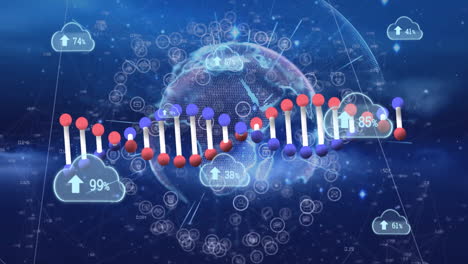 animation of dna strand with cloud data icons over digital globe connections