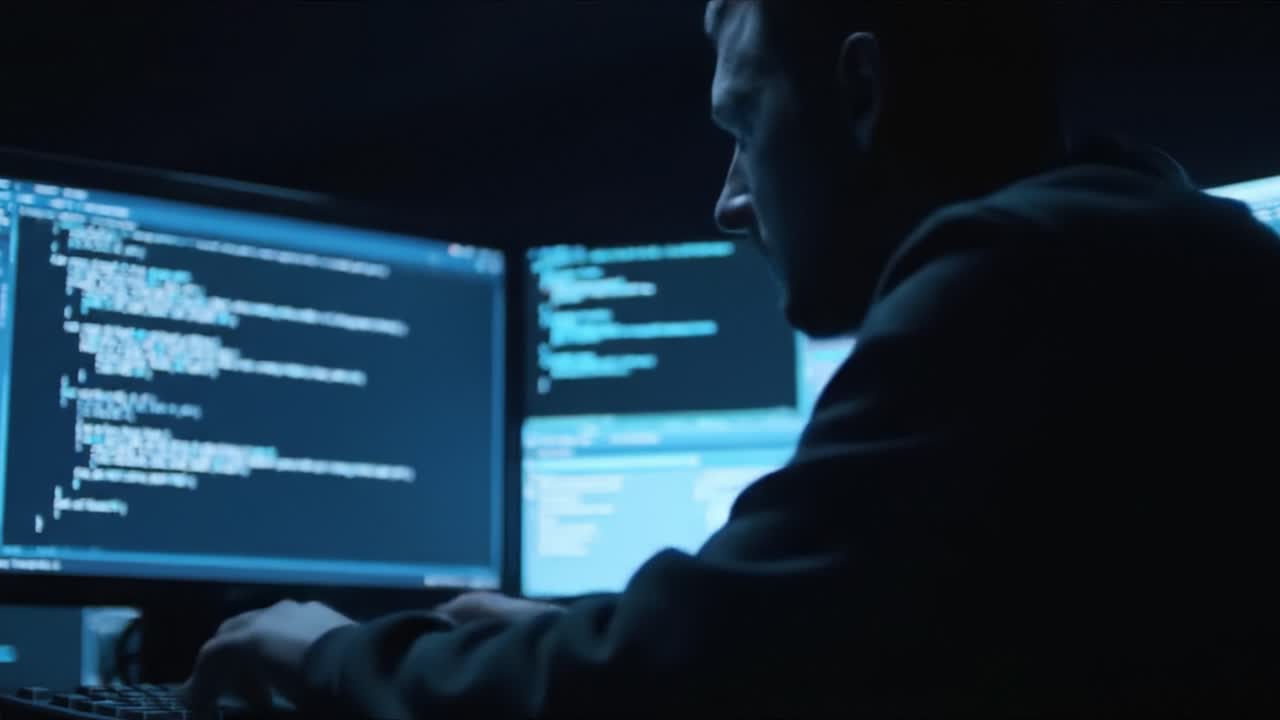 In a dimly lit room, a focused individual engages with multiple computer screens, immersed in complex coding, exemplifying the tech-driven world of programming and cybersecurity