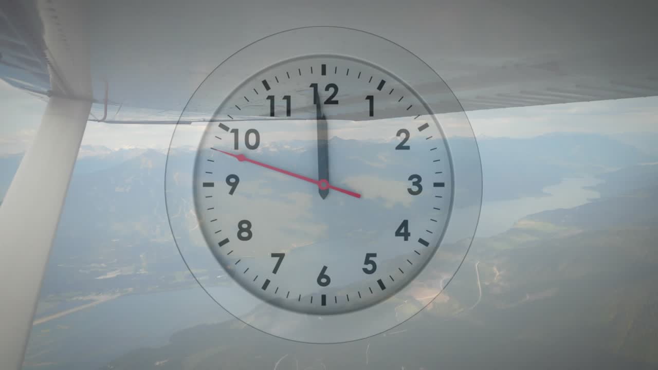 Animación de avión sobre reloj marcando las horas