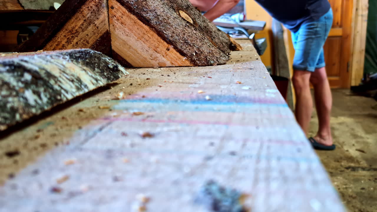 Rough-sawn Plank Cut From A Log In A Sawmill. Close-up Shot