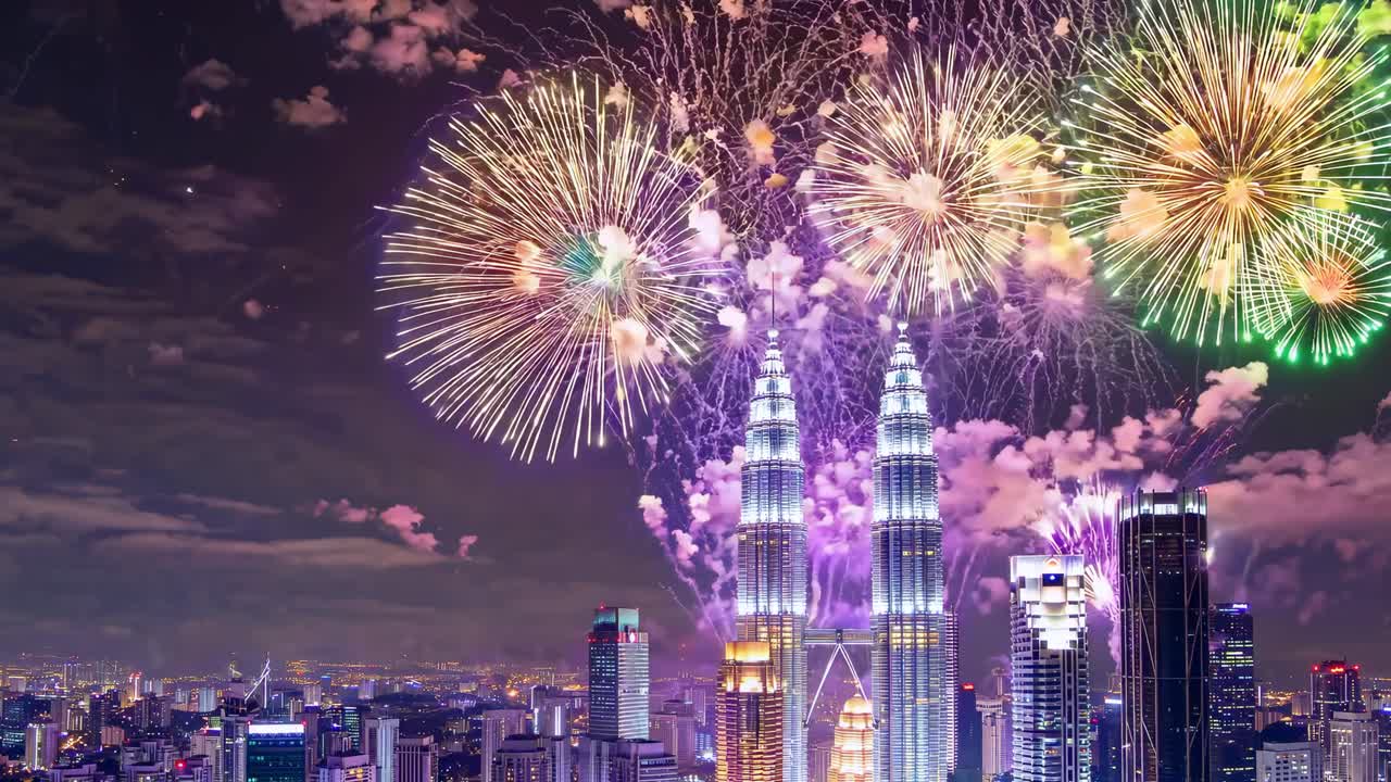Pink and purple fireworks exploding over the Petronas Twin Towers and Kuala Lumpur city skyline at night, creating a vibrant and festive atmosphere