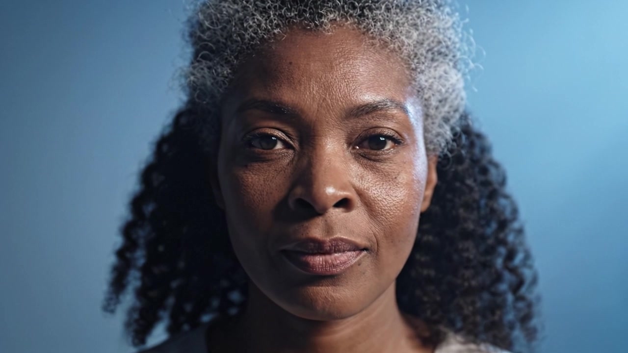 Captivating Portrait of an Elegant Woman with Graceful Curly Hair Against a Soft Blue Background, Highlighting Her Strong Character and Thoughtful Expression
