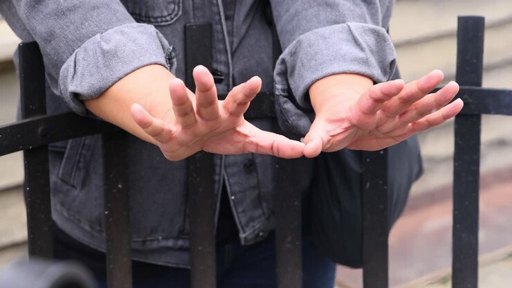 Handen warmen zich aan een vuur buiten