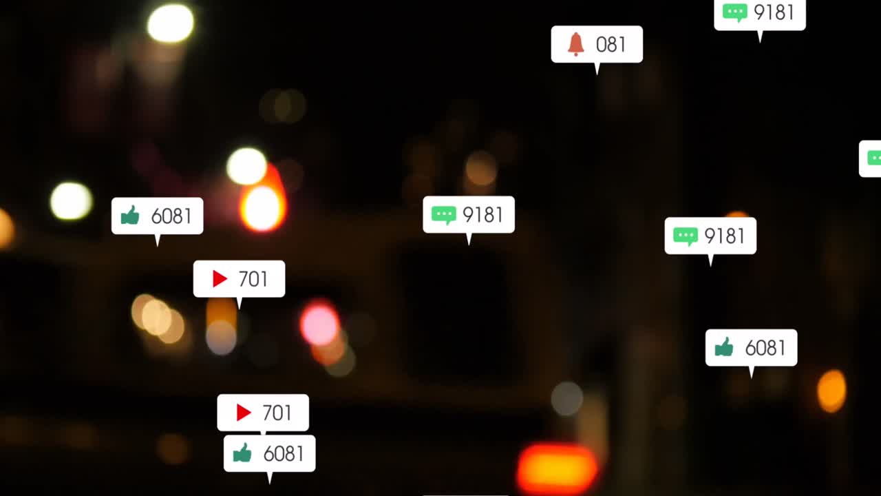 Animazione di icone e numeri dei social media su semafori sfocati