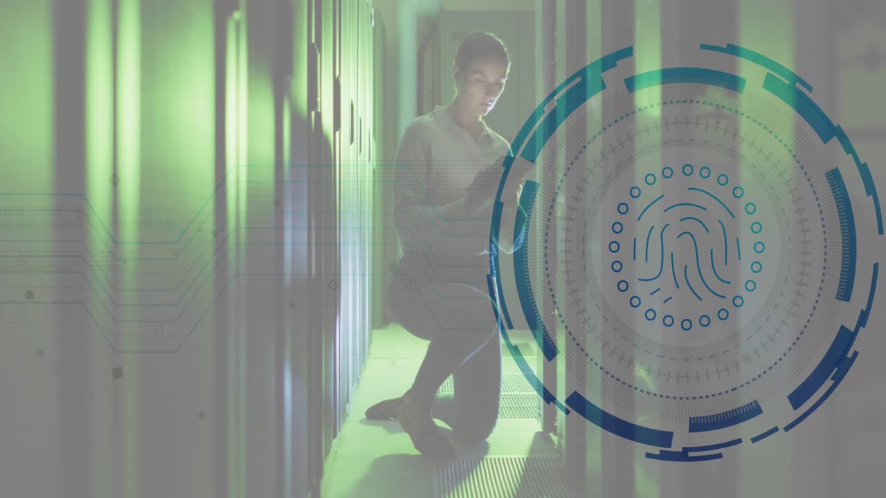 Animation of fingerprint scanner over caucasian female engineer using tablet working at server room