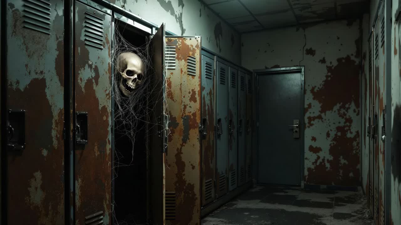 Eerie skull emerges from locker in dimly lit corridor with peeling paint and cobwebs