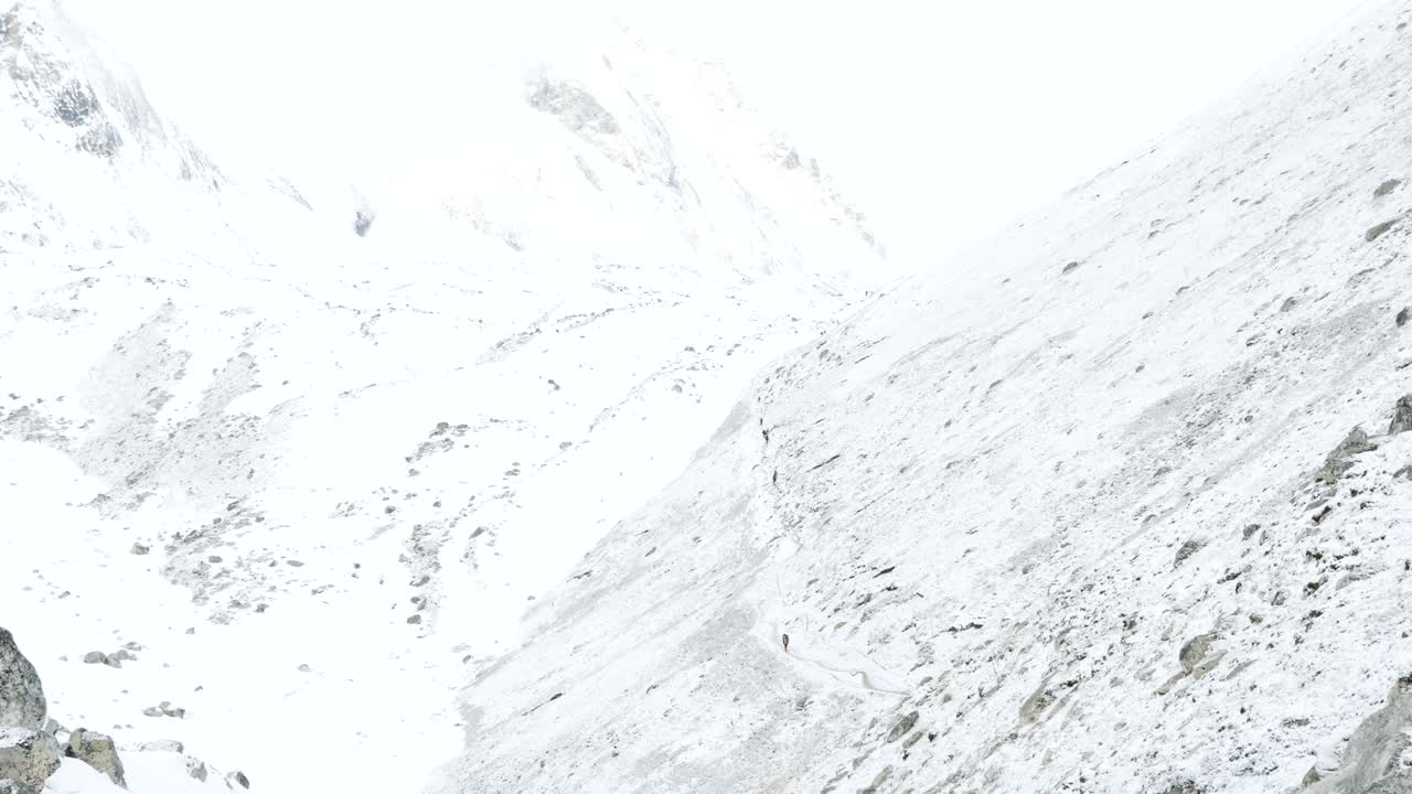 Backpackers on Larke Pass in Nepal, 5100m altitude. Manaslu circuit trek area.