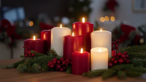 lit advent candles with pine and berries