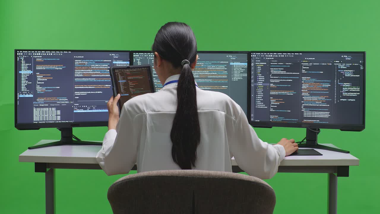 다중 화면에서 작업하는 프로그래머 여성
