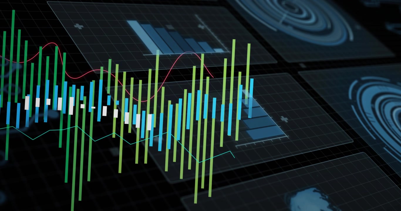 On sequence start colorful bars emerging, red wave sweeping, teal line tracing visualizing trends