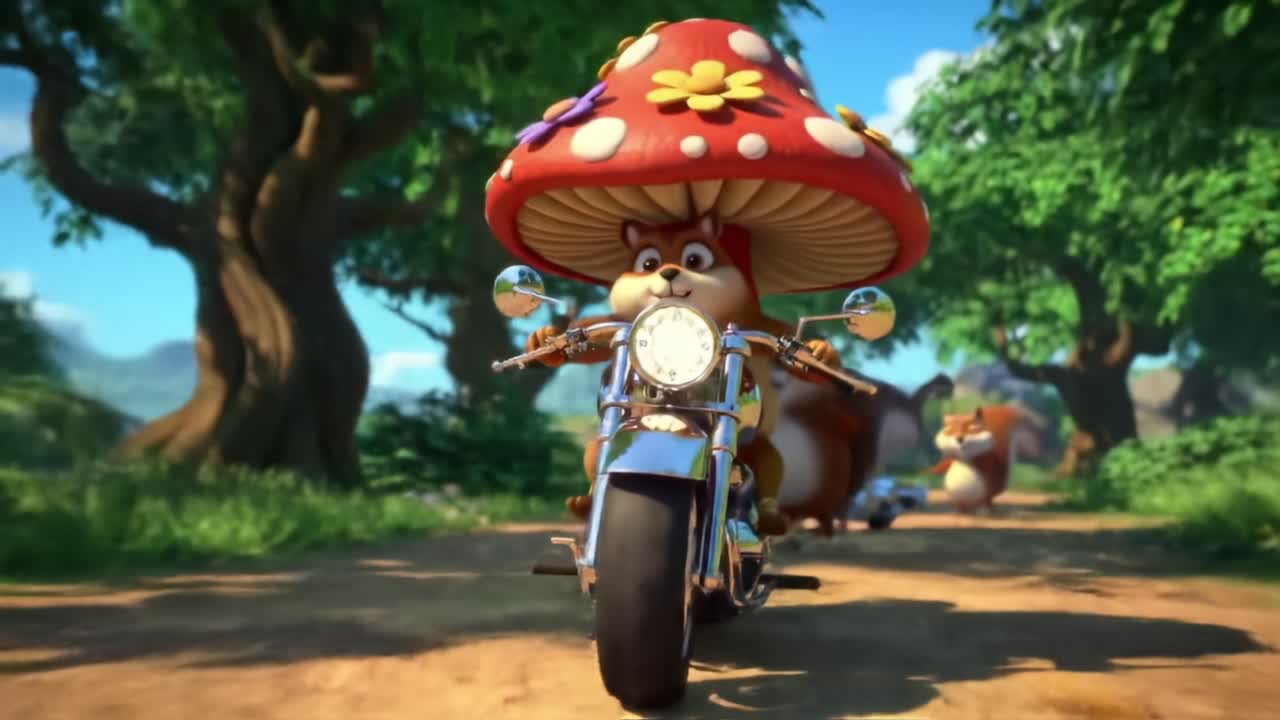 An adventurous cartoon character, wearing a whimsical mushroom hat, rides a shiny motorcycle through a vibrant green forest, accompanied by friends on a sunny day
