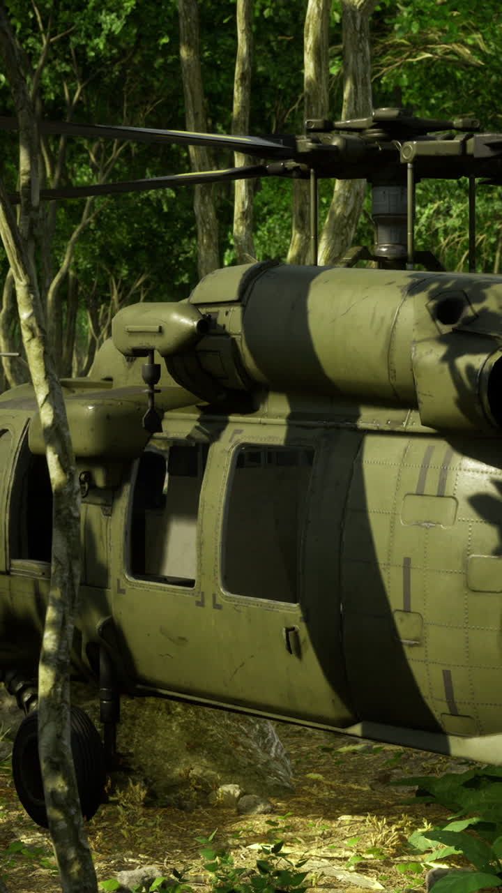 Elicottero militare parcheggiato in una foresta durante le ore diurne.