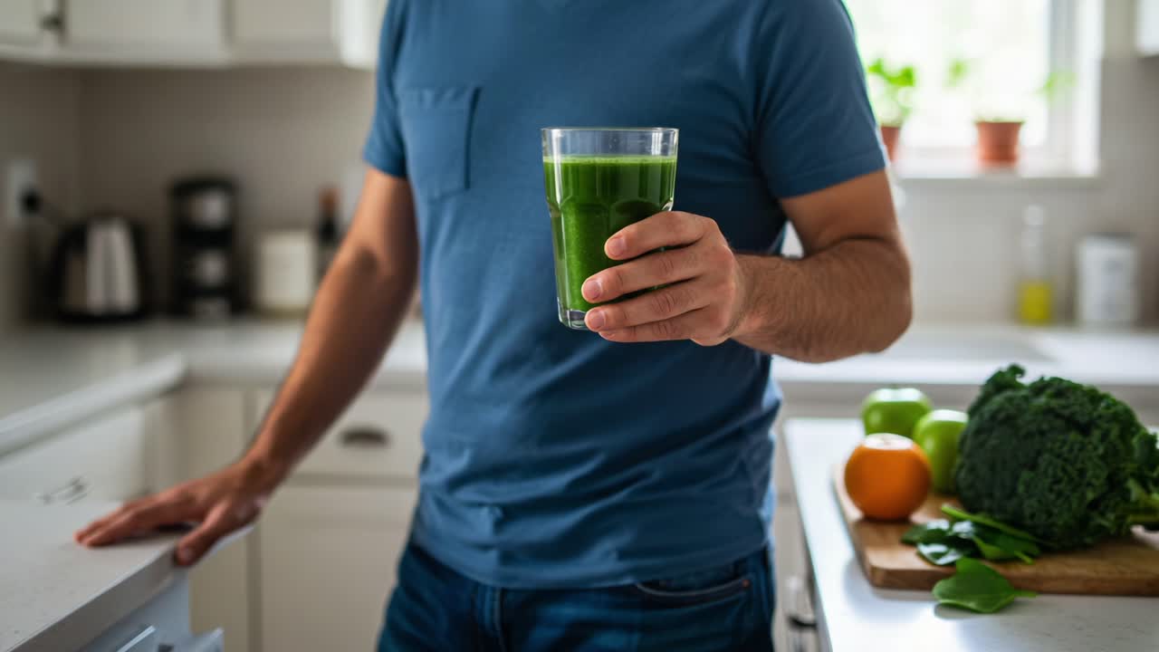 Una persona in cucina con in mano un bicchiere di smoothie verde circondata da frutta e verdura fresca