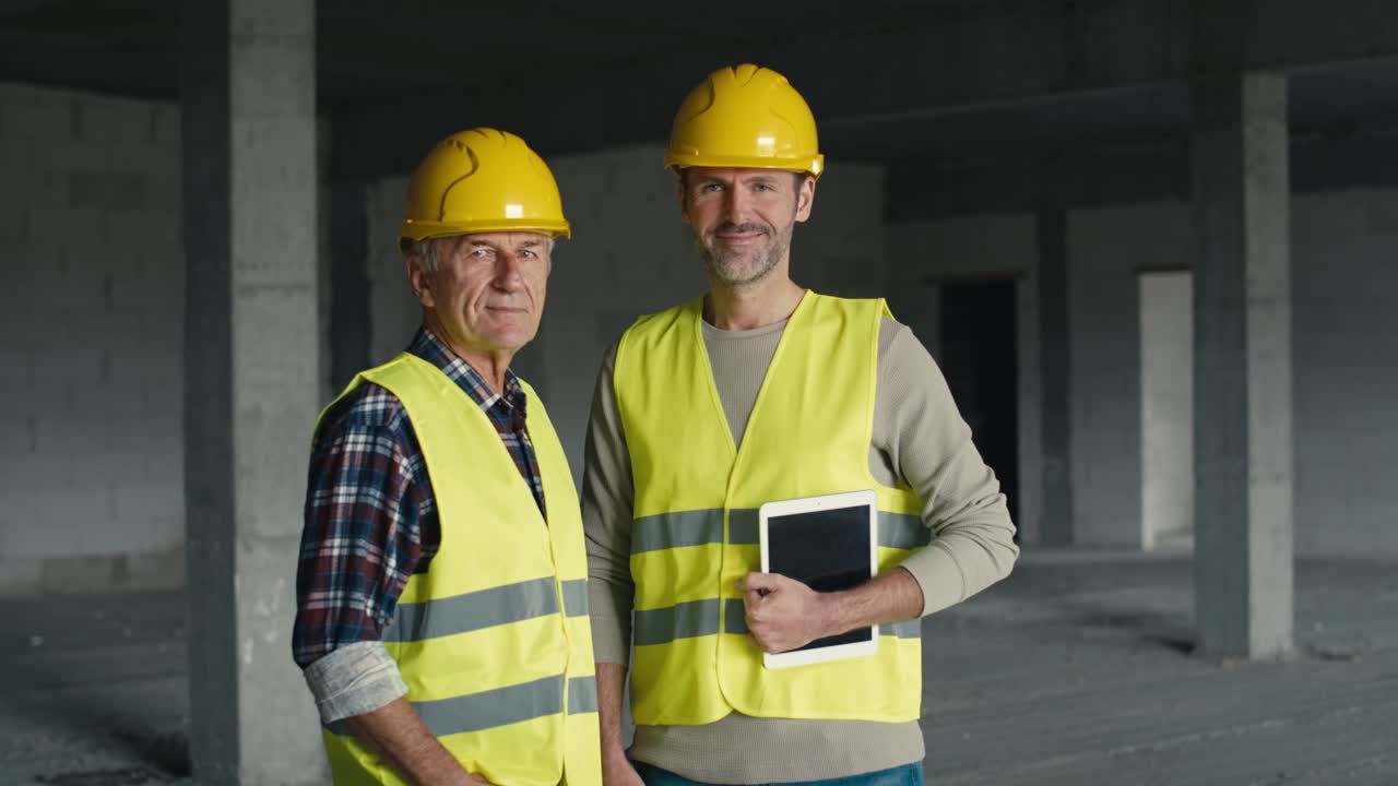 retrato de dos ingenieros caucásicos sosteniendo una tableta digital mientras están de pie en un sitio de construcción.