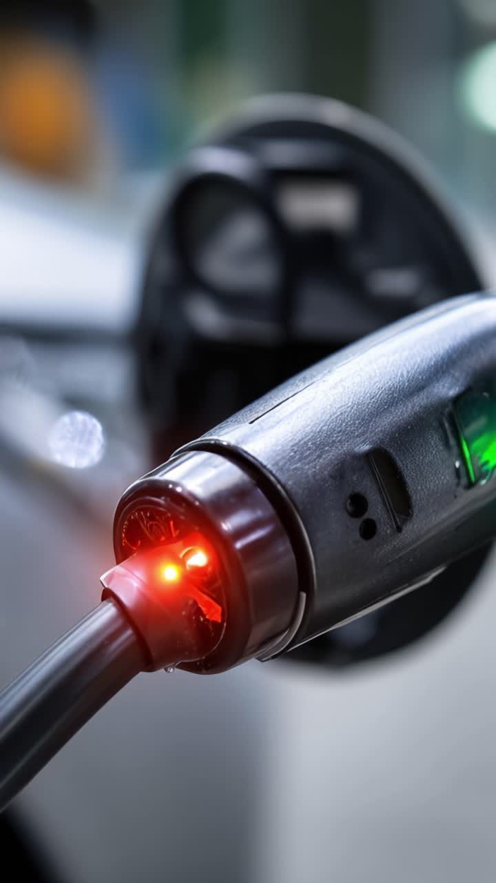 Electric Vehicle Charging: Close-Up of Charging Connector with Red Indicator Light Illuminated Showing Charging Status for Electric Cars or Hybrid Vehicles