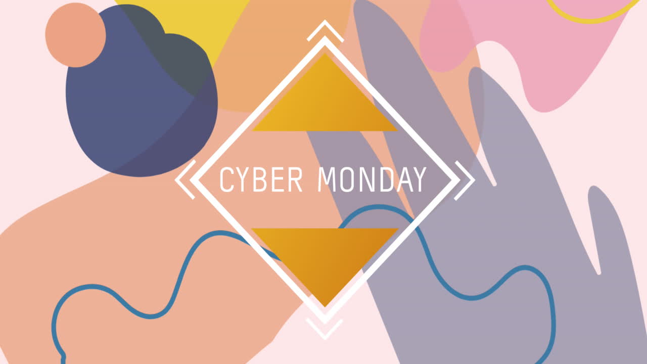 Animazione del testo "Cyber Monday" in cornice bianca su forme astratte pastello su sfondo rosa.