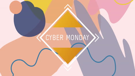 animation of cyber monday text in white frame over pastel abstract shapes on pink background