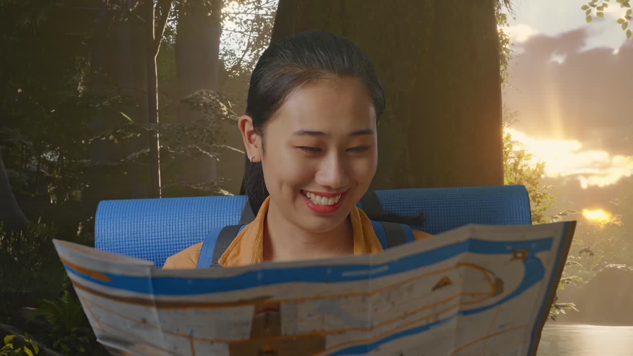 산악 배을 들고 있는 아시아 여성 하이커가 지도를 보고 숲의 자연을 탐험하는 동안 주변을 둘러보고 있습니다.