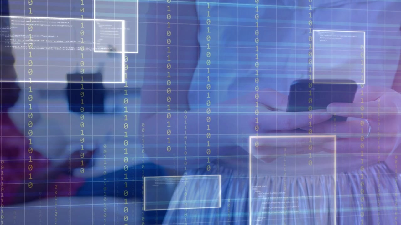 Woman tapping phone in lounge, causing grid, binary and UI panels overlaying devices for tech demo