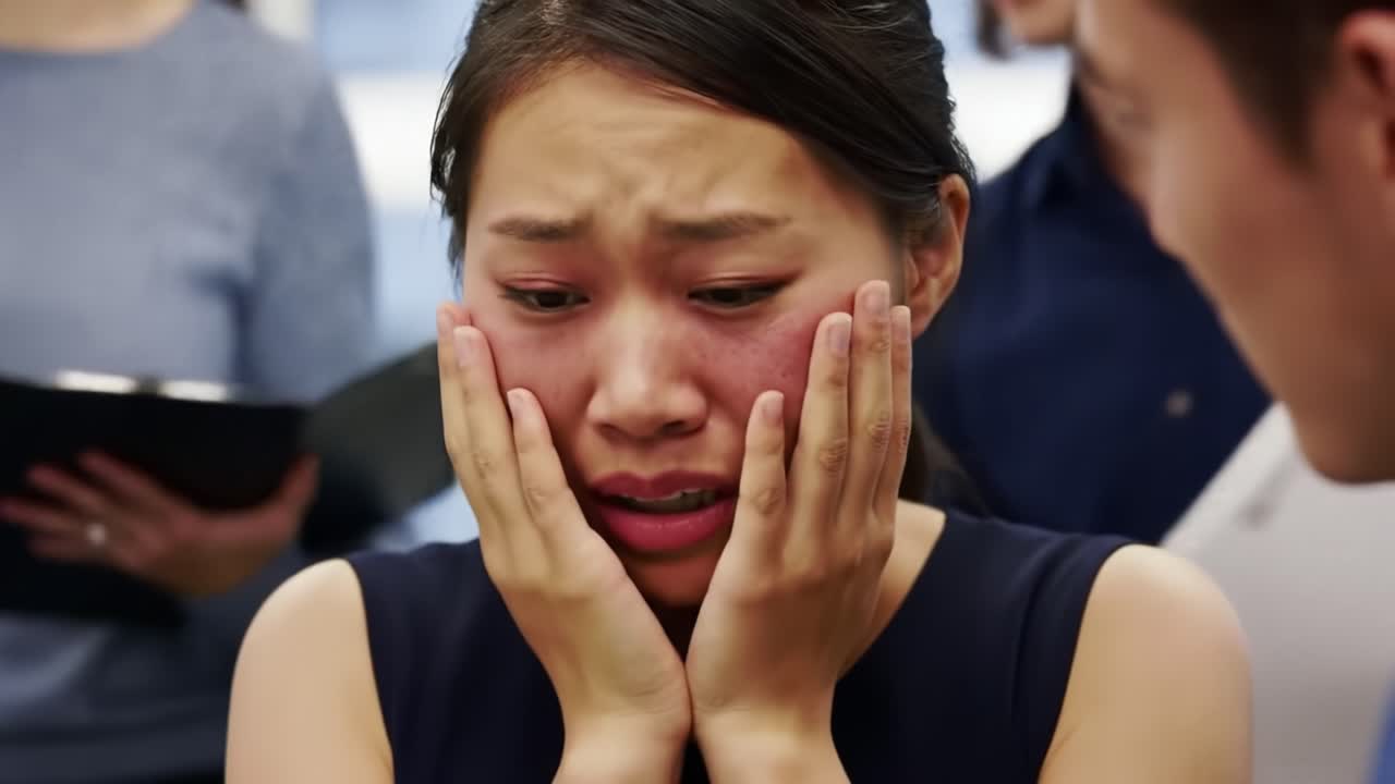 A woman appears overwhelmed in the workplace, covering her face with her hands as emotions take over. Colleagues can be seen in the background, engaged in their tasks.