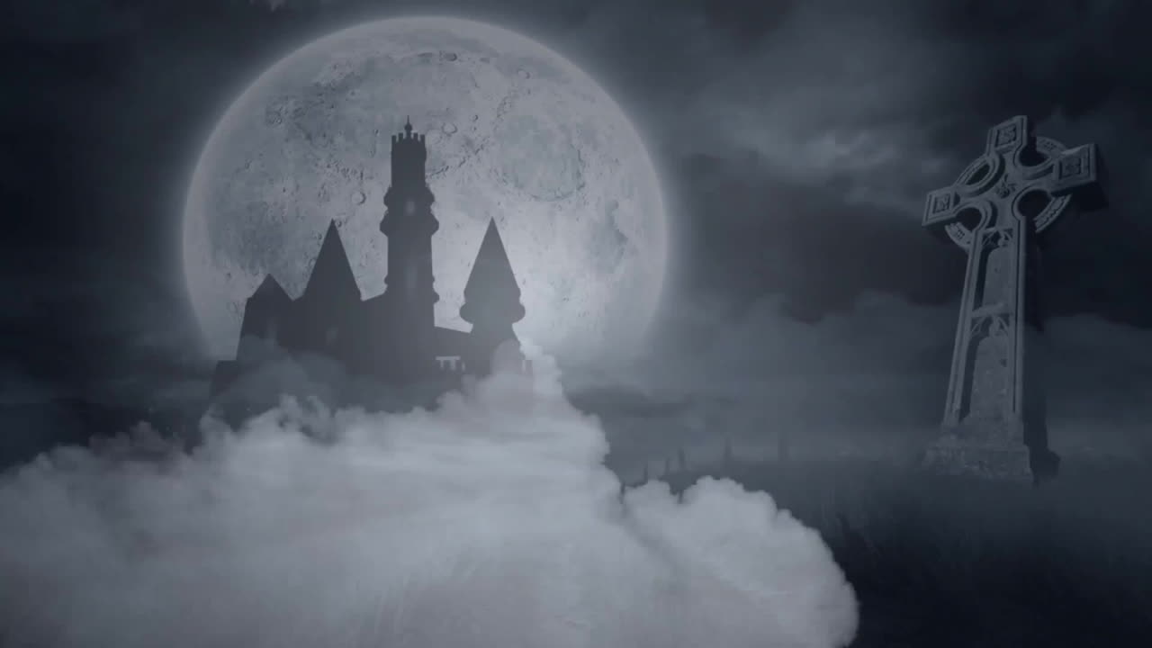 Animation of smoke clouds over cemetery and castle