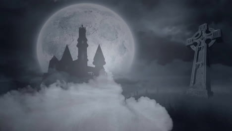 Animación-De-Nubes-De-Humo-Sobre-El-Cementerio-Y-El-Castillo.