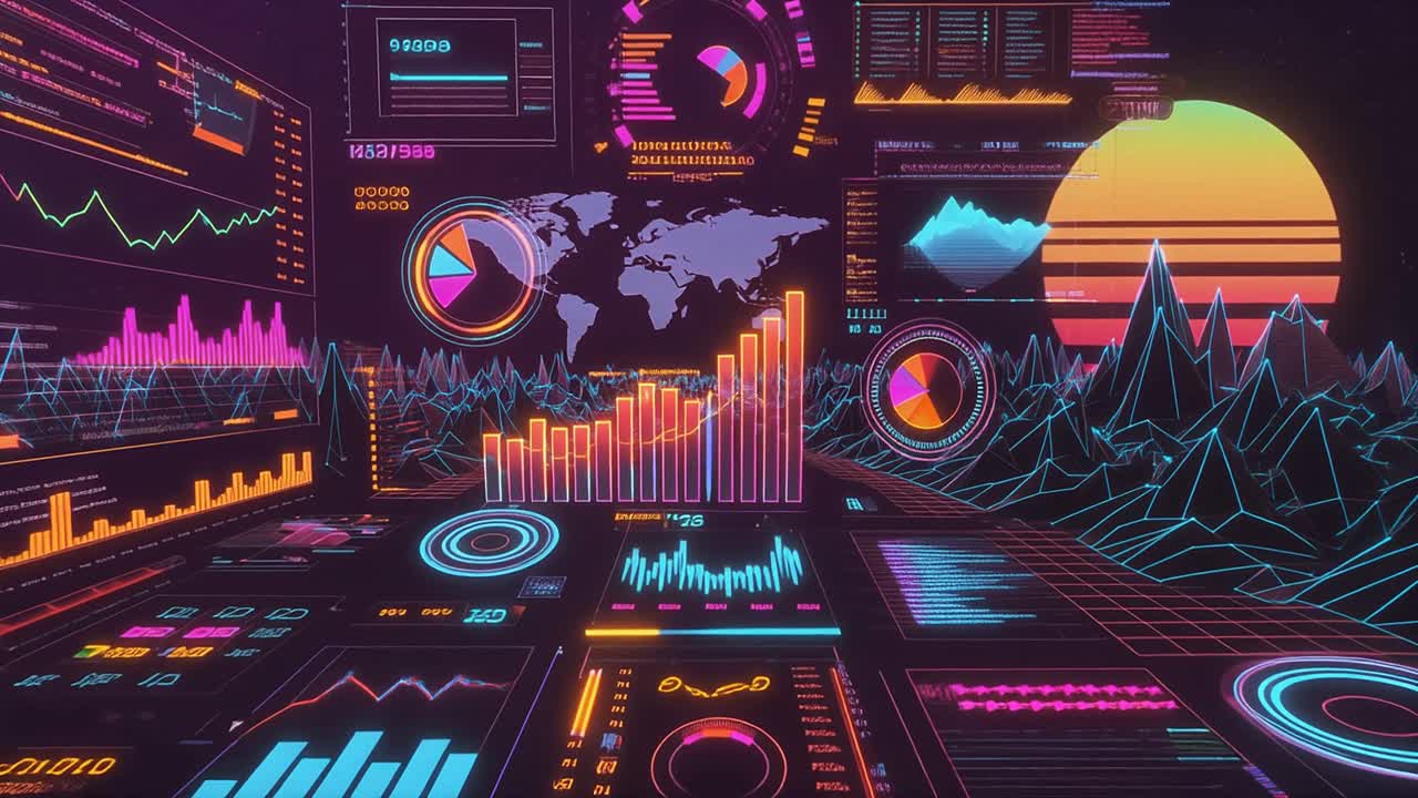 Futuristisk digitalt datagrensesnitt med neon-diagrammer og grafer