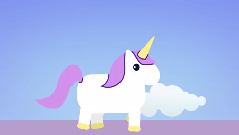 animation of unicorn over rainbow on blue background