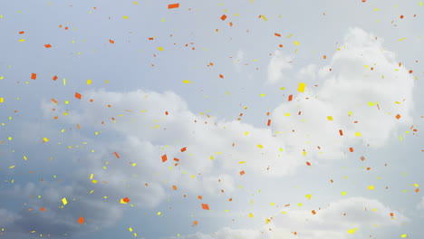 Animación-De-Confeti-De-Colores-Cayendo-Sobre-Fondo-De-Cielo-Nublado