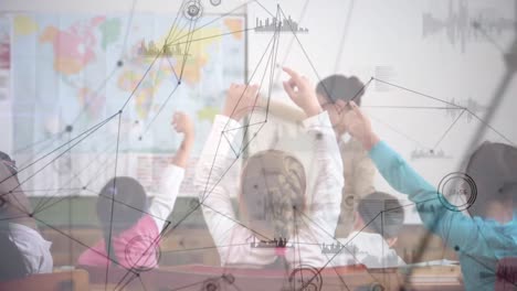 animation of kids in a classroom over data processing in the background