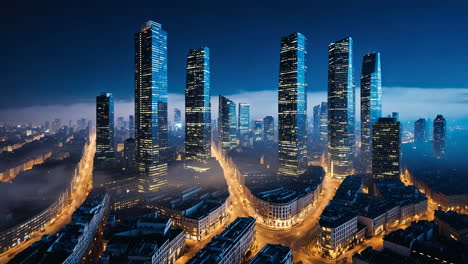 modern city skyline at night with illuminated skyscrapers and fog