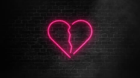 broken heart neon light icon.heartbreak glowing sign on brick wall background with smoke or fog effect.cracked heart represents divorce,rupture, separation,lovesickness.wall decor banner animation 4k