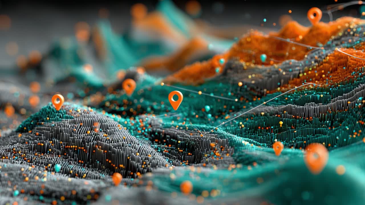 A Stunning Visualization of Data Through 3D Terrain Representations Coupled with Geographic Markers in Vivid Color Contrasts and Dynamic Patterns