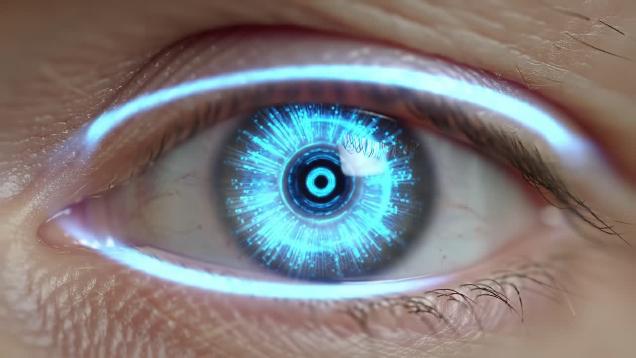 A Stunning Close-Up of a Human Eye Featuring a Striking Neon Blue Iris and Futuristic Digital Effects, Capturing the Essence of Vision and Technology