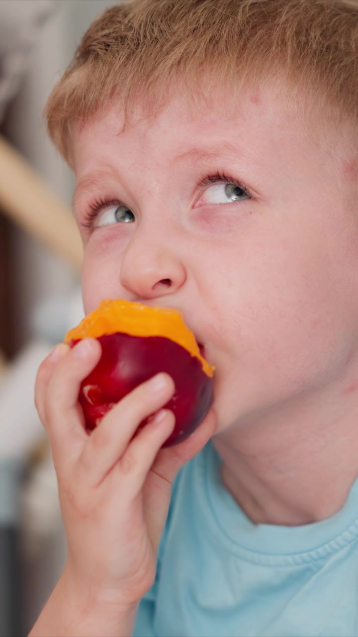 Close up of young boy eating apple with peel partially removed. child holds and takes bites from fruit focusing on his hand and mouth interaction while wearing light blue shirt. Soft indoor
