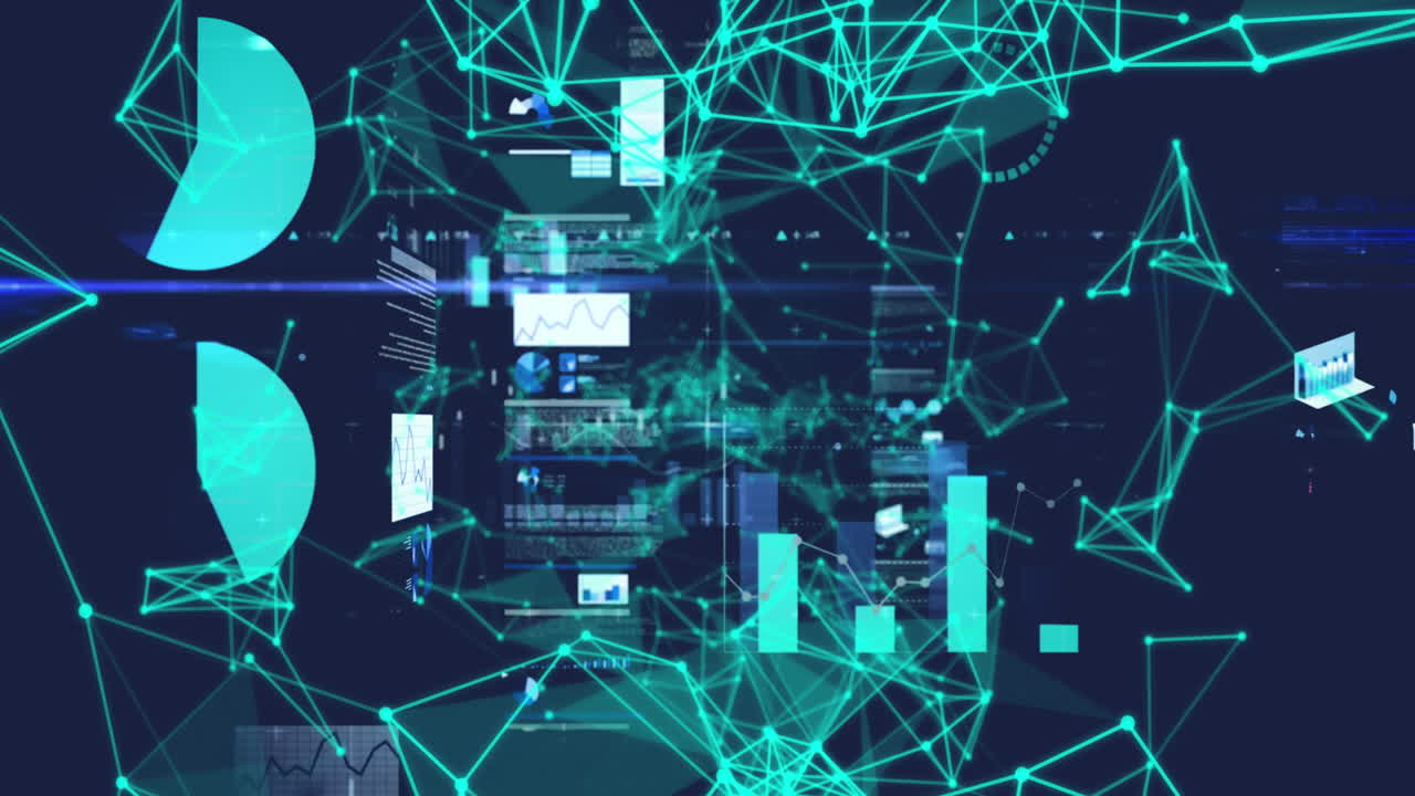 Animation of plexus networks over screens with data processing against blue background
