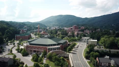 Die-Antenne-Schiebt-Sich-In-Richtung-Des-Campus-Der-Appalachian-State-University-In-Boone,-North-Carolina